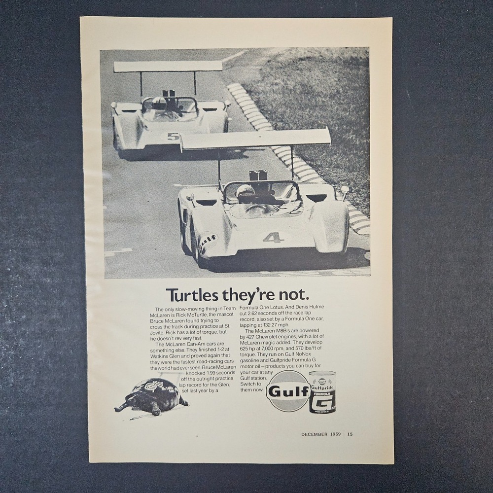 1969 Gulf Oil Gulfpride Formula G Vintage Print‎ Ad McLaren Can-Am Denis Hulme